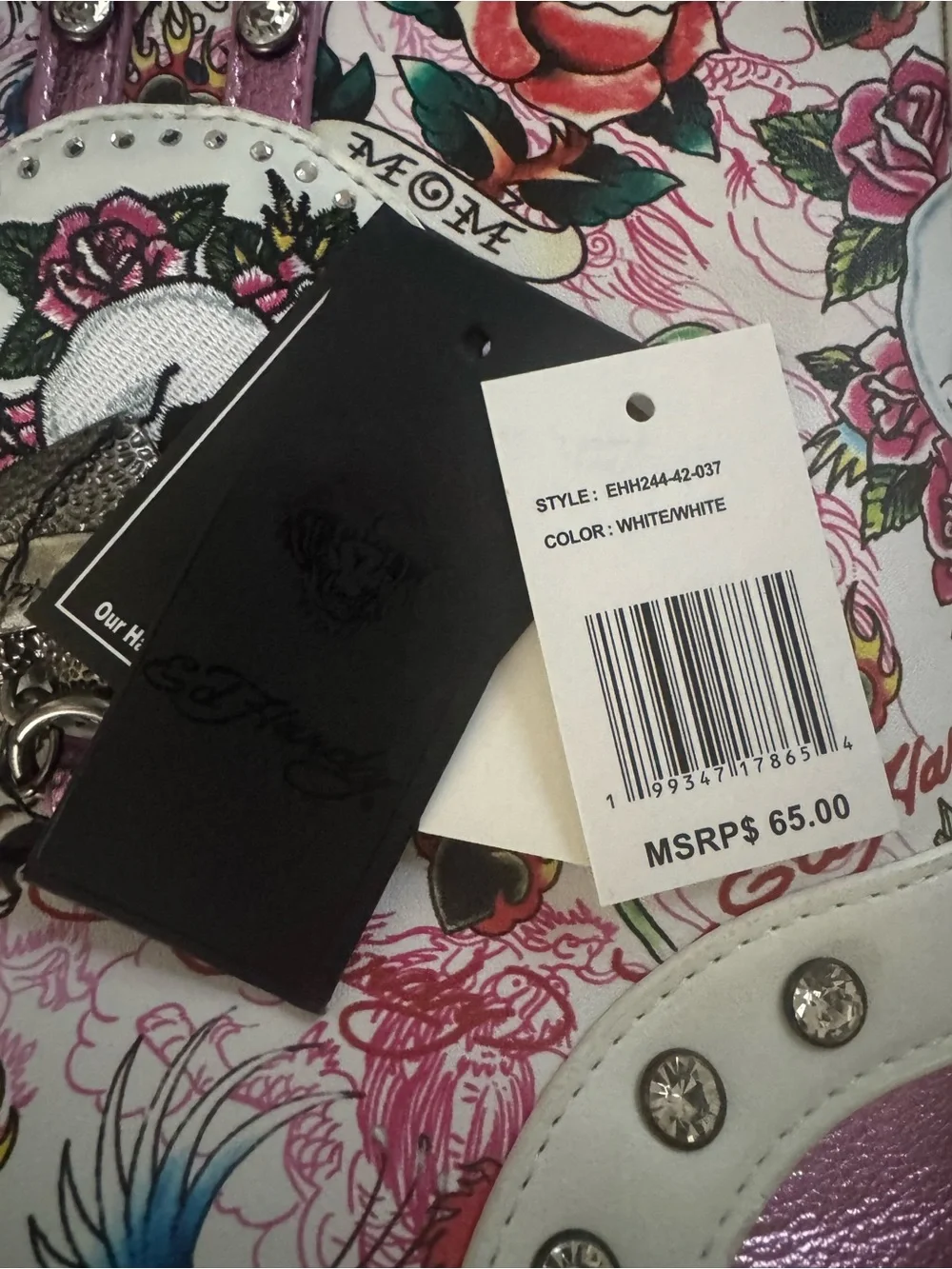Ed Hardy White Pink Floral Skull Crossbody Bag with Black Strap (Cross Posted)